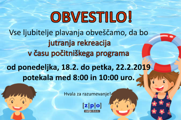 V tednu počitnic bo jutranja rekreacija plavanja med 8:00 in 10:00 uro.